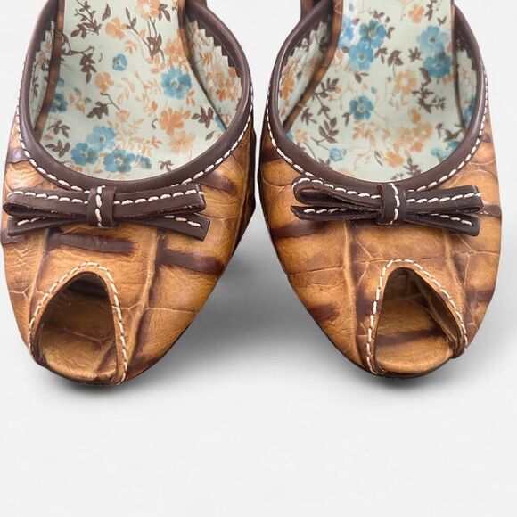 Miu Miu vintage peep toe croc embossed tan brown sling back heels 7.5 - Picture 7 of 8